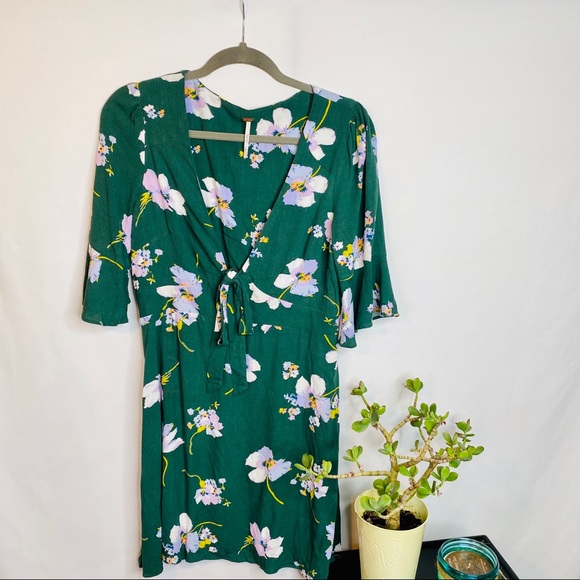 Free People | Dresses | Free People Green Floral Dress With Flare ...